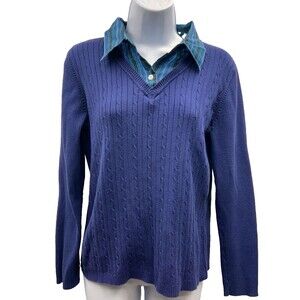 IZOD Women's Size XL Blue Long Sleeve Layered Sweater Faux Button Blouse